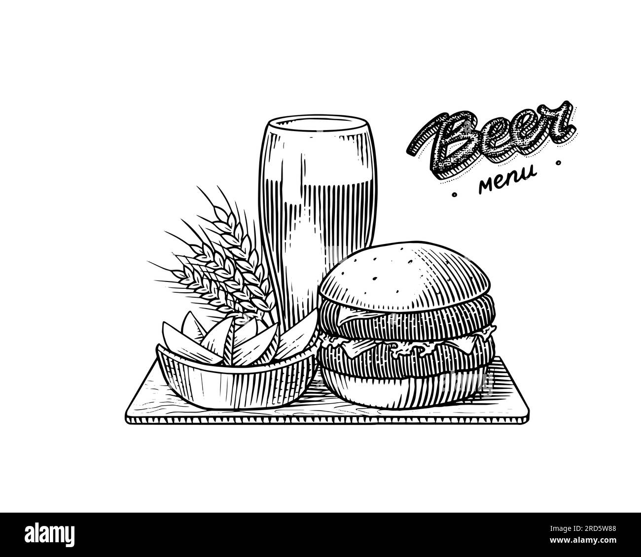 Combo set of fast food and beer for bar menu. Burger or sandwich and