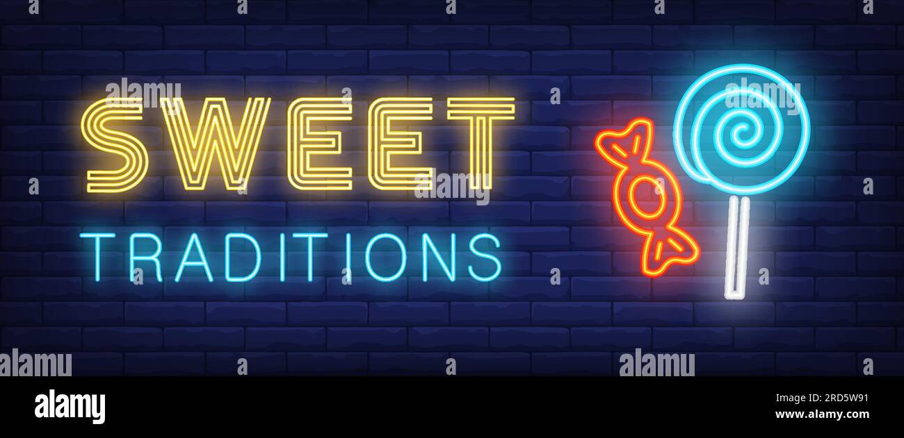 Sweet traditions neon text with lollipop and candy Stock Vector Image