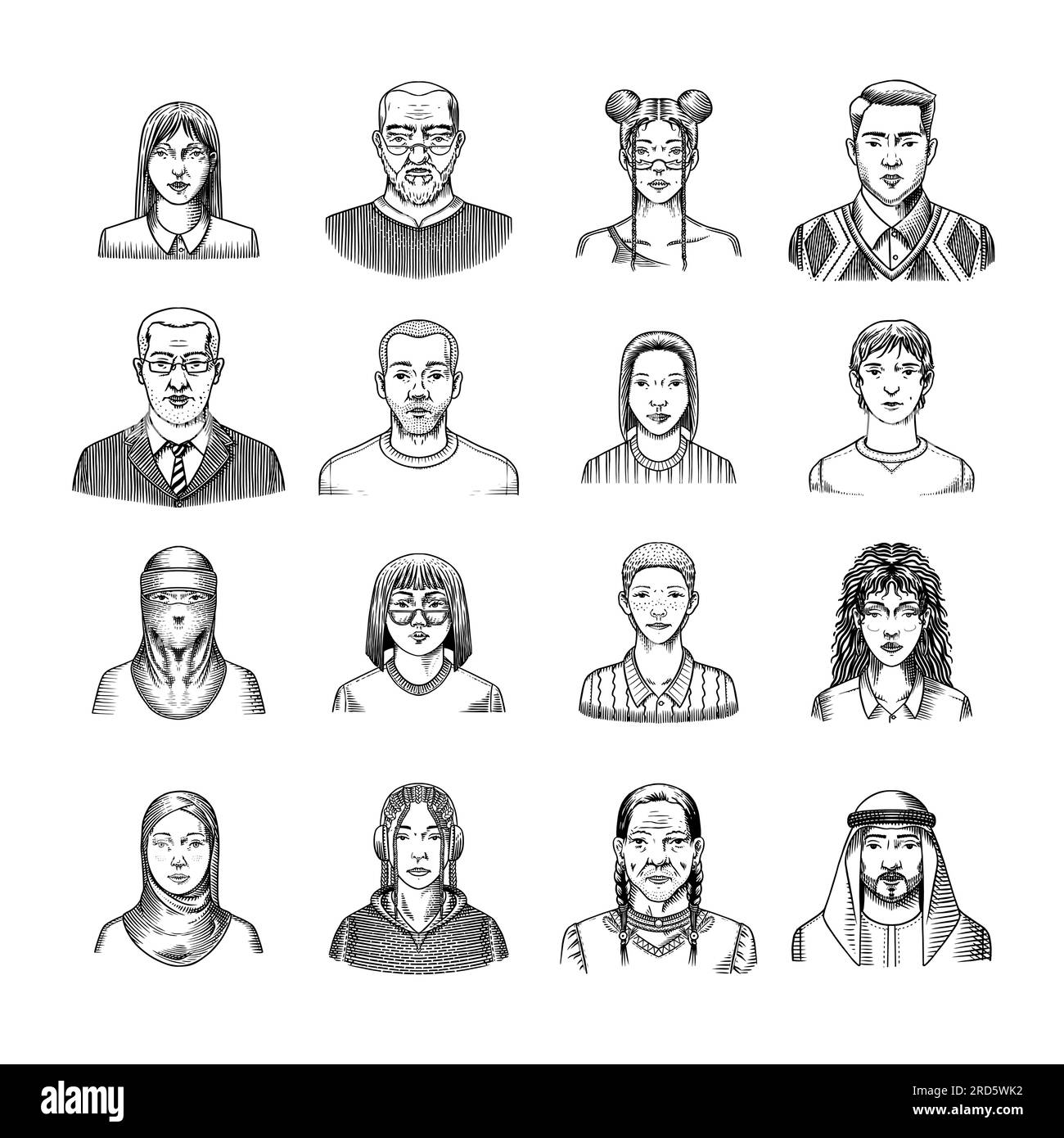 Human Avatars Collection. Diverse faces of people. Characters set. Happy emotions. Portrait for social media, website. Men and women, grandparents and Stock Vector