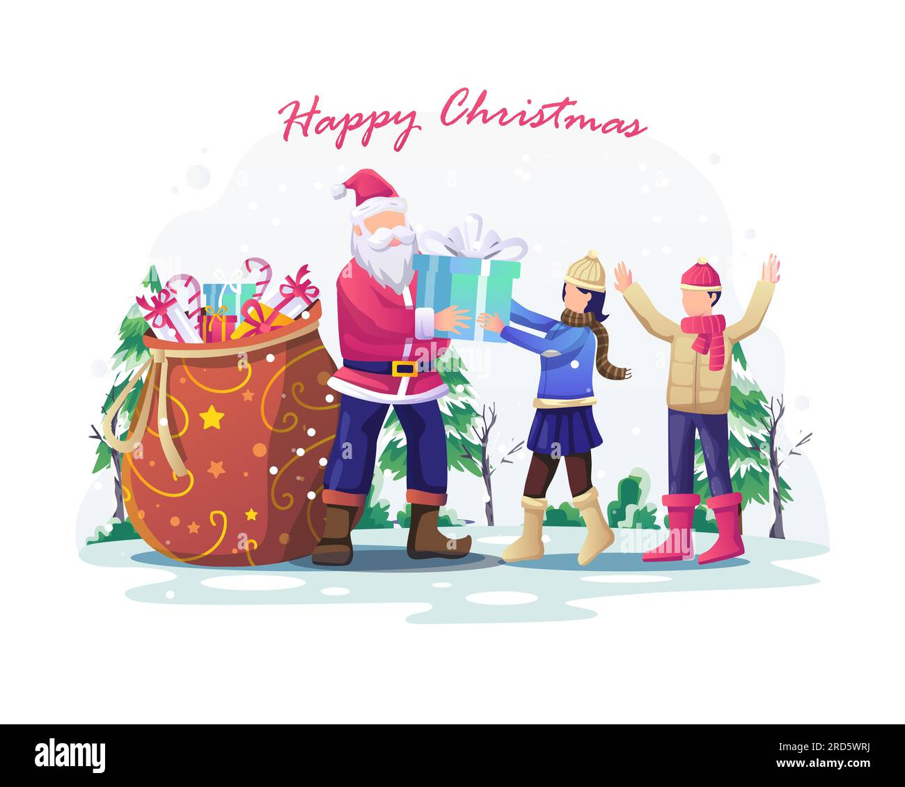 Santa Claus giving Christmas gift presents to kids. Santa and kids