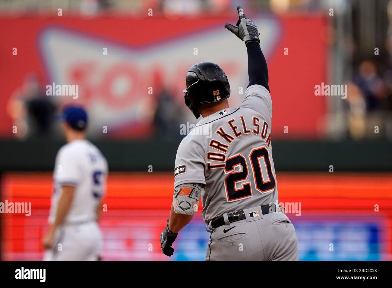 Detroit Tigers first baseman Spencer Torkelson celebrates after hitting a  two-run home run during the first inning of a baseball game against the  Kansas City Royals Tuesday, July 18, 2023, in Kansas