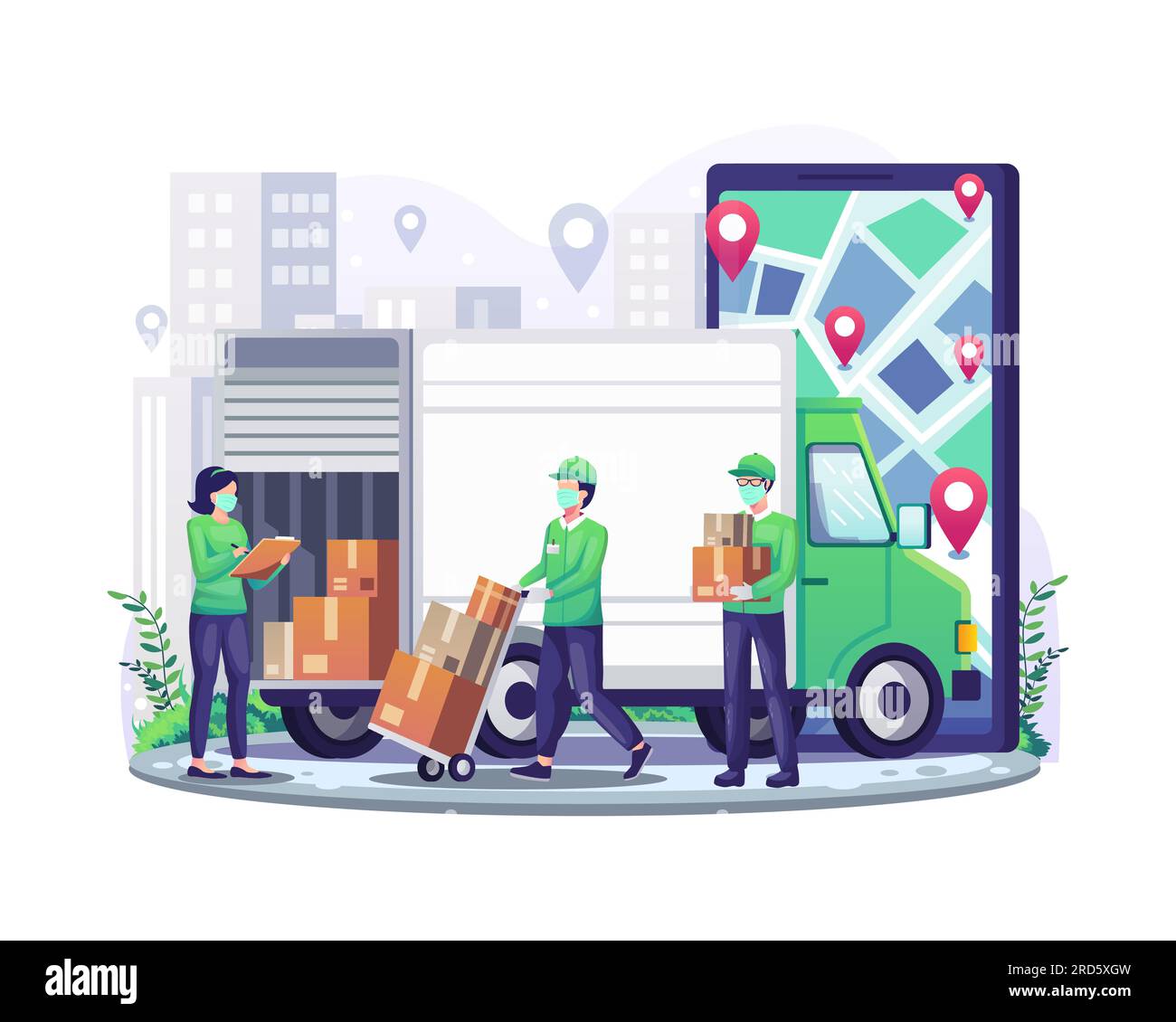 Online delivery service with courier wearing mask and giant smartphone