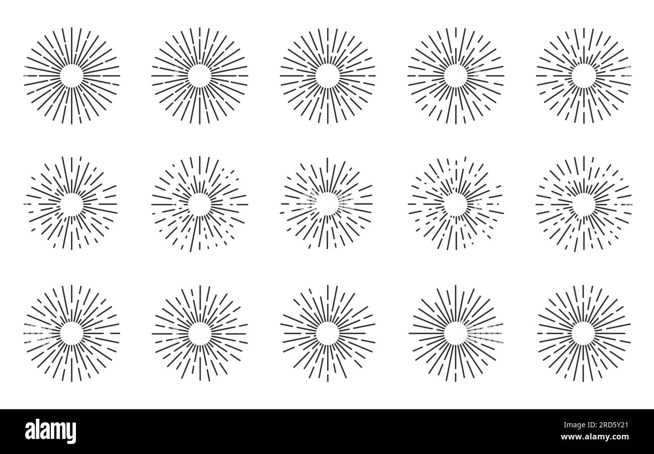 Vintage sunburst collection. Radial sunset beams isolated on white background. Different shapes circle bursting sun rays ink hand drawn hipster frames. Fireworks explosion light blast trendy effect Stock Vector