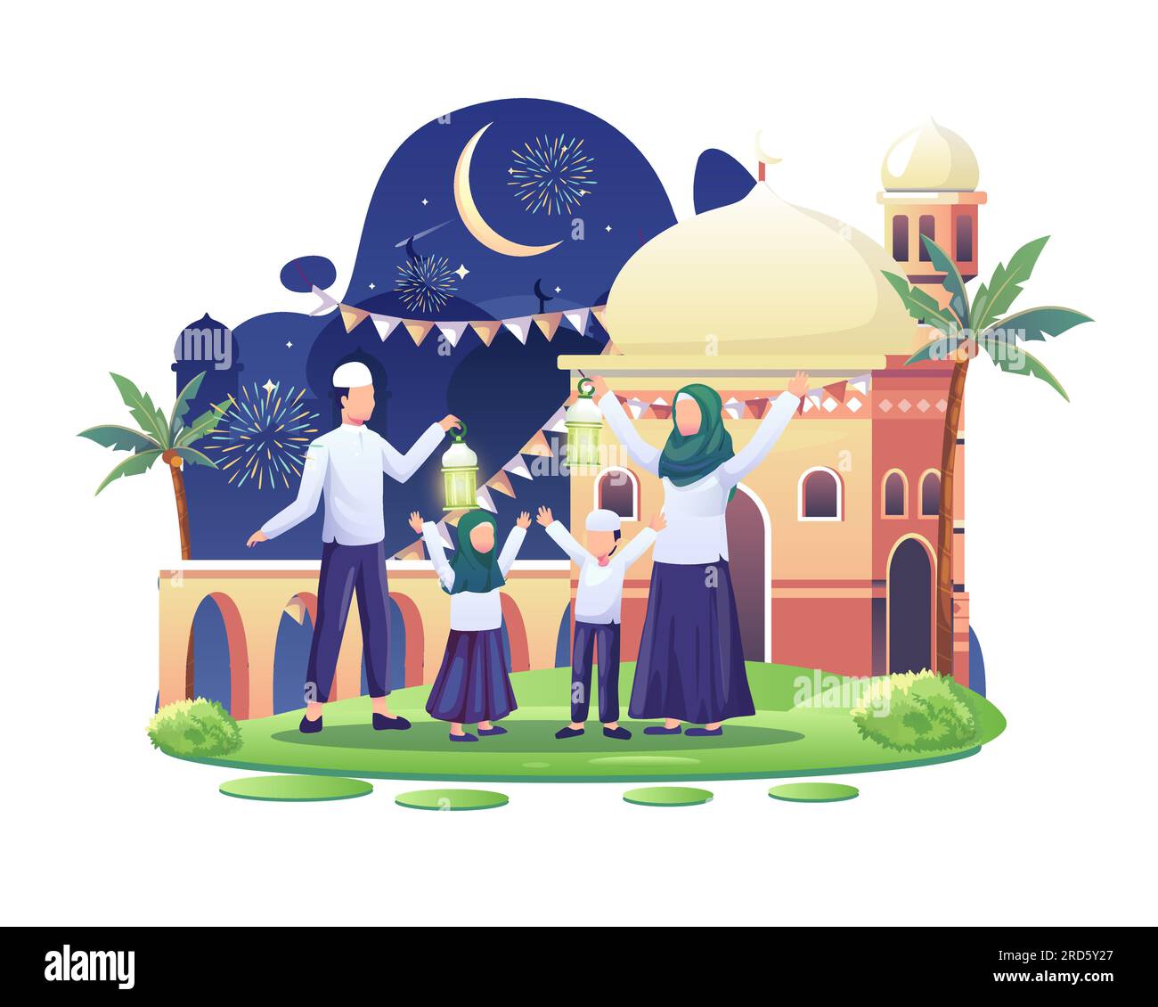 Happy Family celebrating Islamic new year on the 1st of Muharram. Flat vector illustration Stock Vector