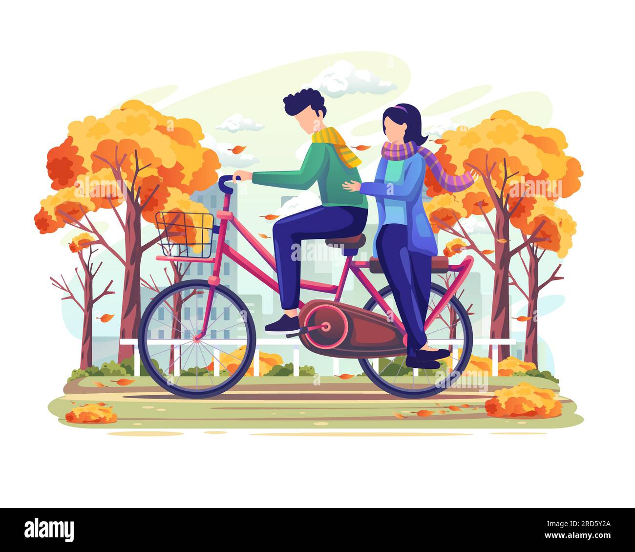 Couple on a date riding a bicycle in the mid of autumn. Flat vector illustration Stock Vector