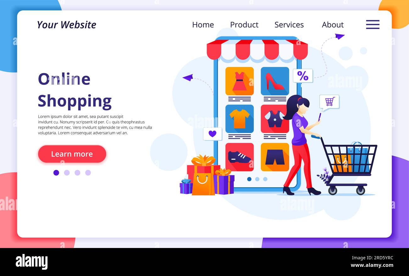 Online shopping concept, a young woman with shopping cart buying products  in the mobile application store. Modern flat web page design template for  we Stock Vector Image & Art - Alamy