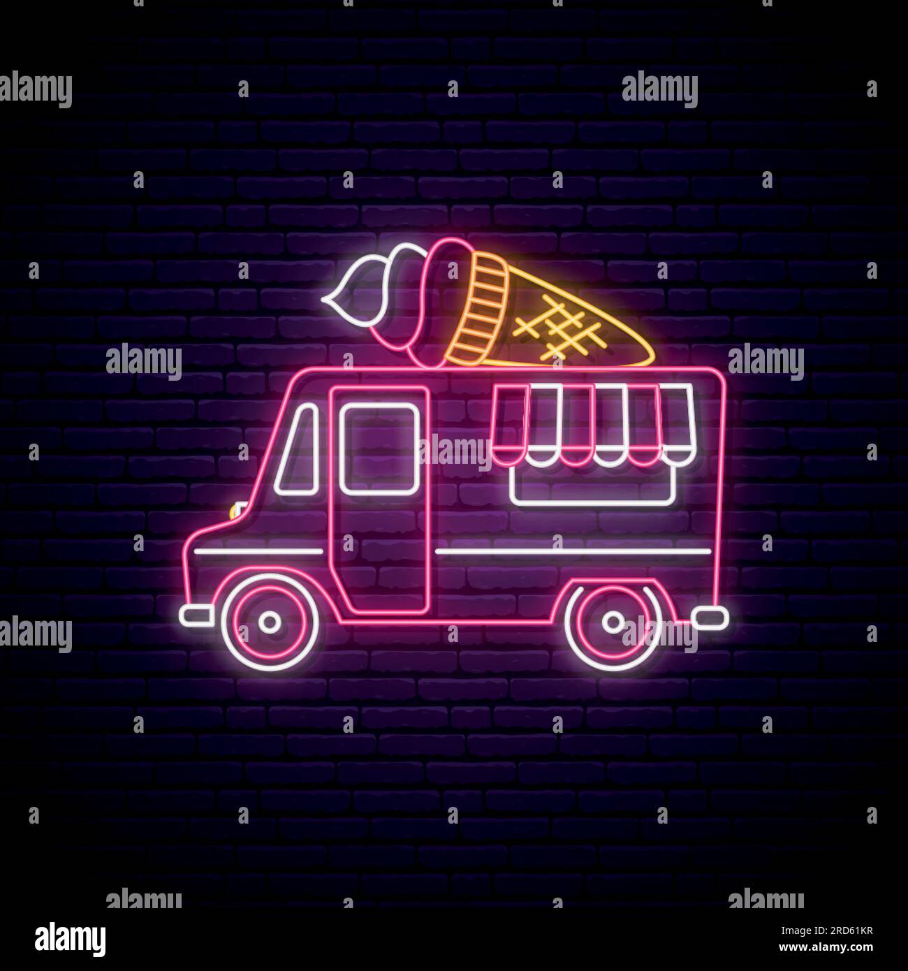 Neon ice cream truck sign. Glowing ice cream in waffle cone on food