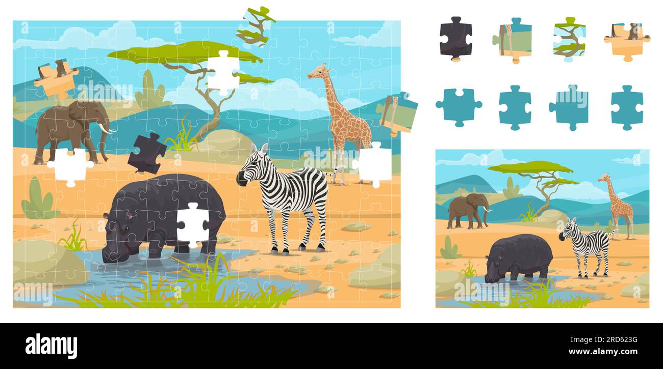 Jigsaw puzzle game pieces. African savannah safari animals. Part match