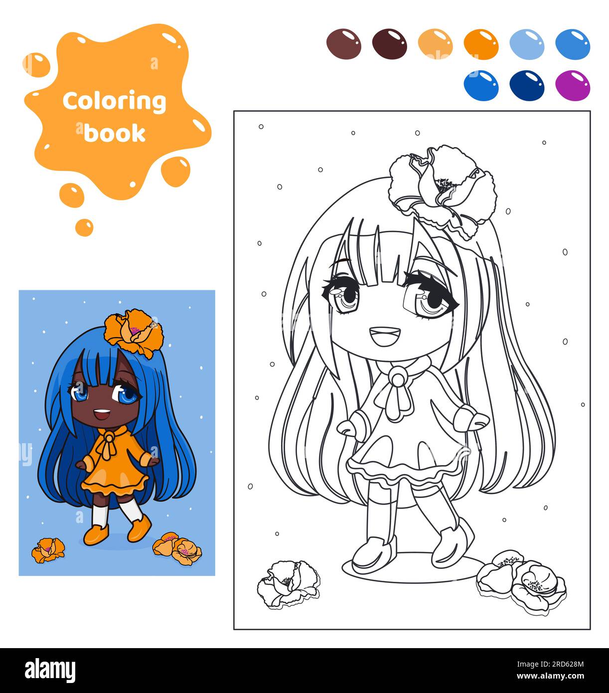 Coloring book for kids. Anime girl with flowers. Stock Vector