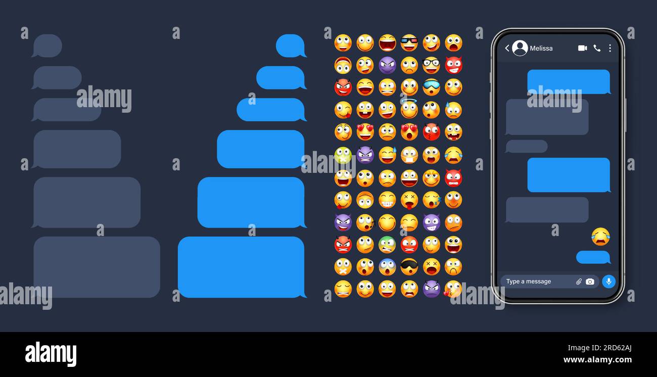 Smartphone messaging app, user interface with emoji. SMS text frame