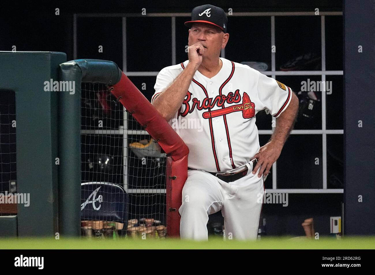 Atlanta Braves manager Brian Snitker (43) looks on from the dugout