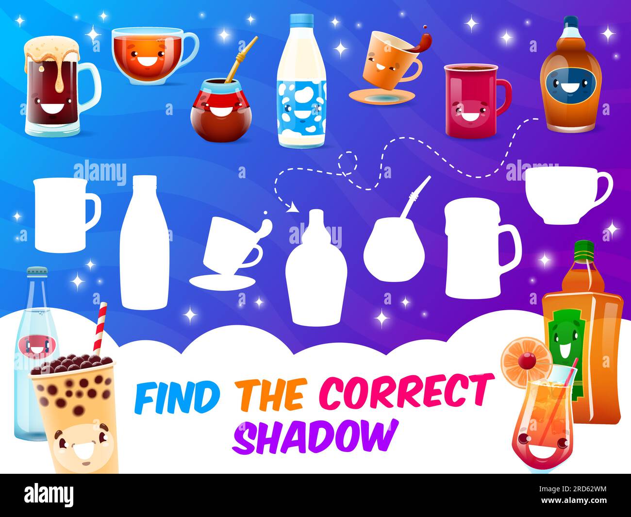 Find correct shadow of cartoon drink characters on kids quiz game