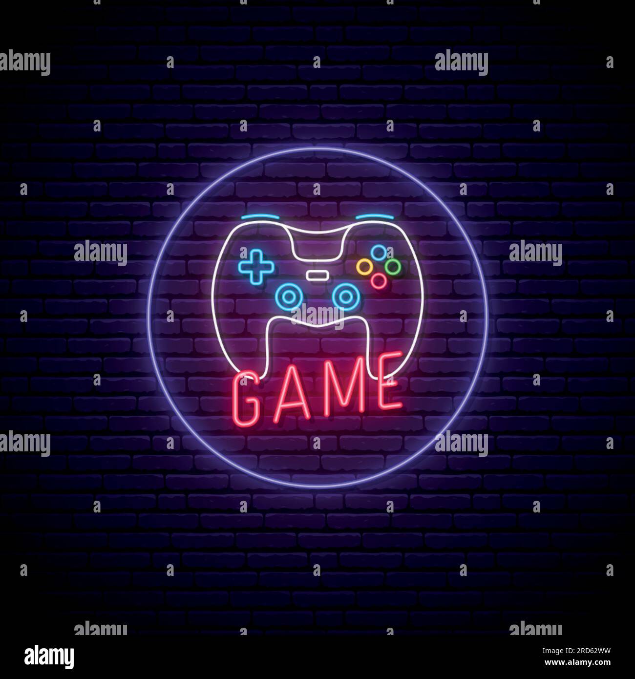 Neon Game signboard. Glowing neon Gamepad icon in circle frame on brick  wall background. Game controller. Vector Illustration Stock Vector Image &  Art - Alamy