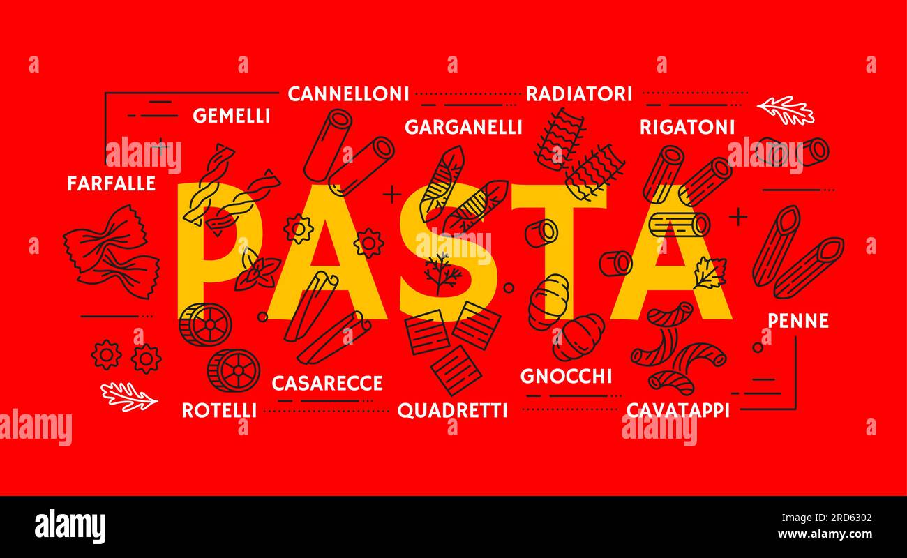 Cartoon pasta. Different noodles types. Spaghetti, penne and macaroni.  Italian flour products shapes. Ravioli and casarecce. Traditional food.  Bowl Stock Vector Image & Art - Alamy