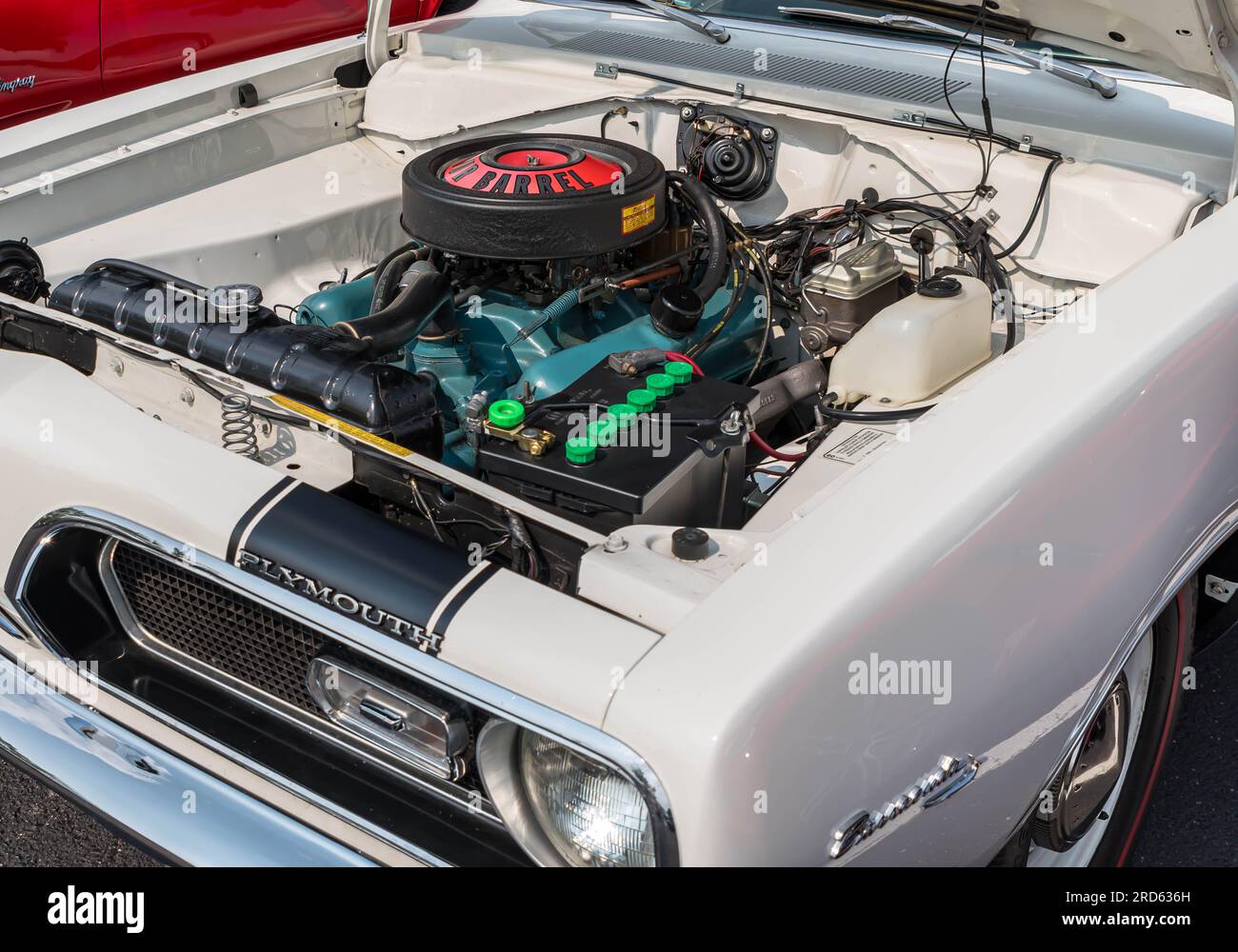 A 1965 Plymouth engine on display at a car show in Homestead, Pennsylvania, USA Stock Photo