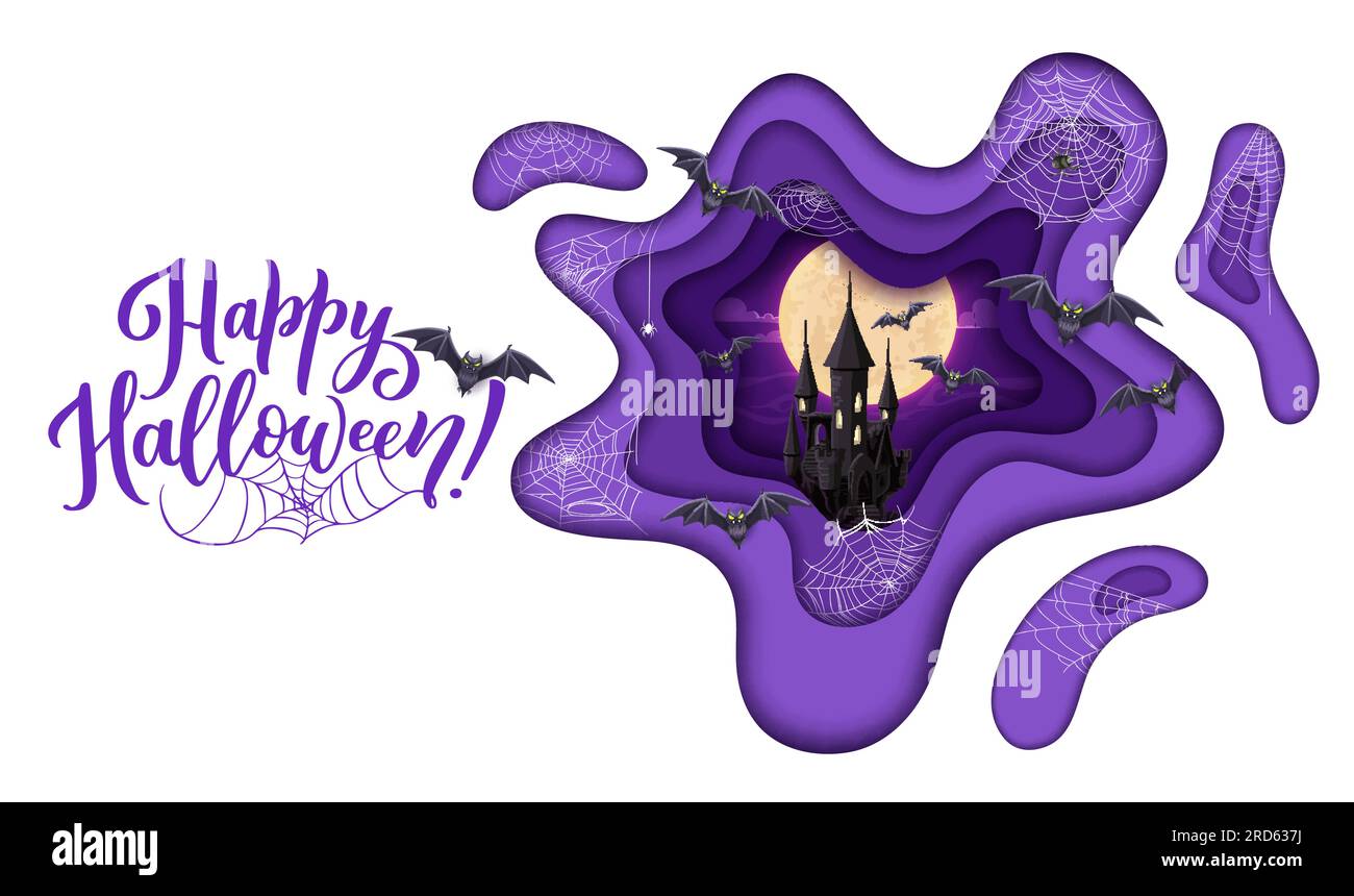 Halloween paper cut midnight castle and flying bats, horror night