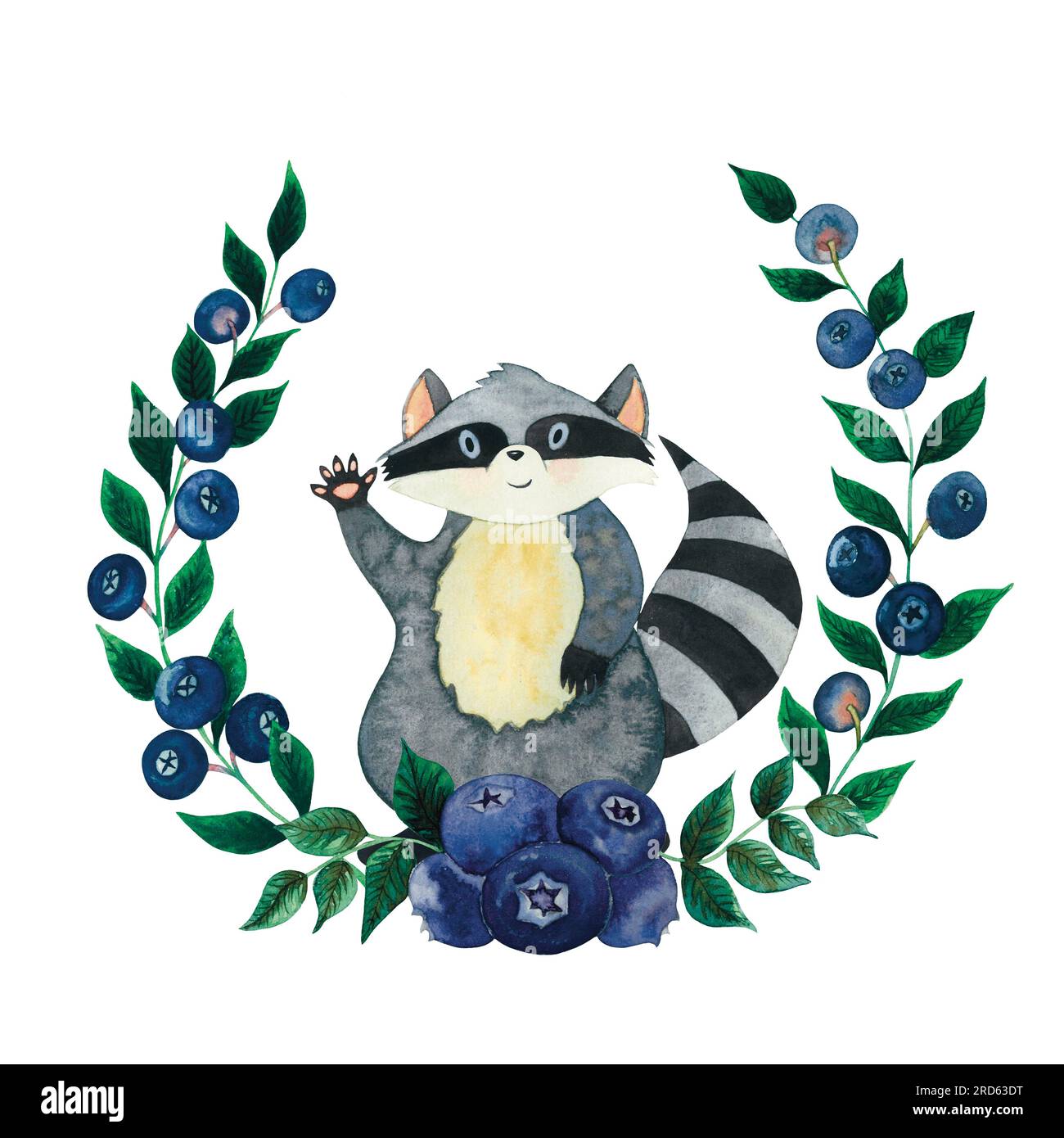 Watercolor raccoon in a blueberry wreath with branches and berries