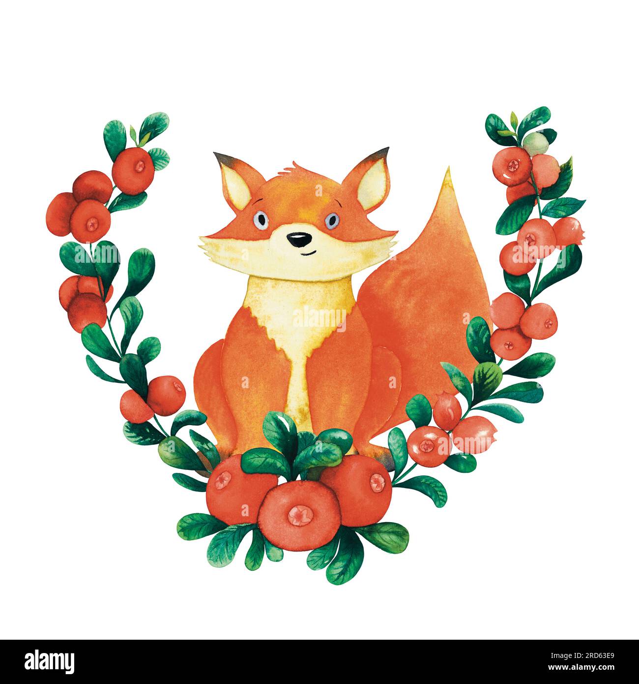 Watercolor fox with cranberries branches and berries. Herbs wreath for