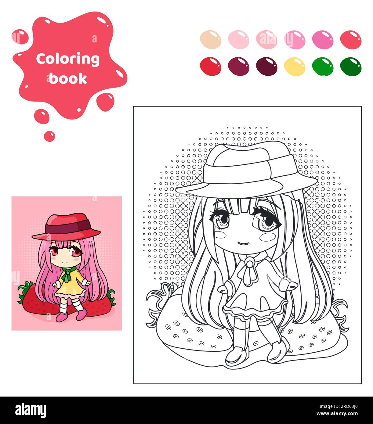 Coloring book for kids. Anime girl in a hat. Stock Vector