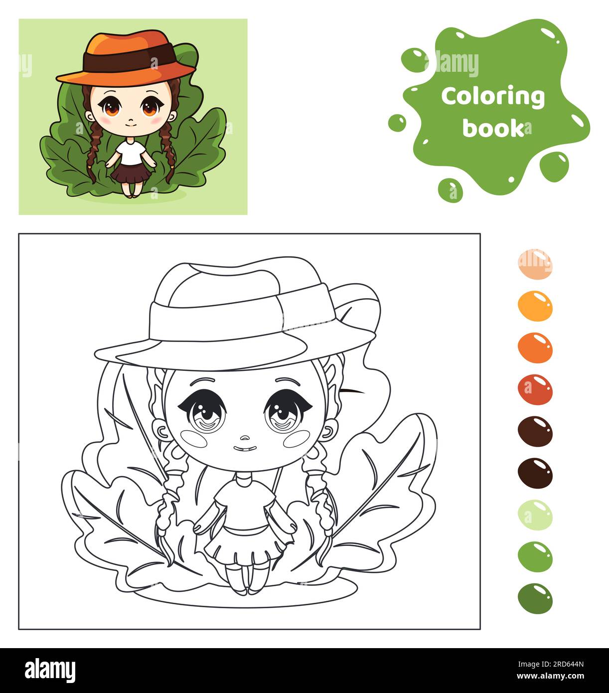 Coloring book for kids. Anime girl in a hat. Stock Vector
