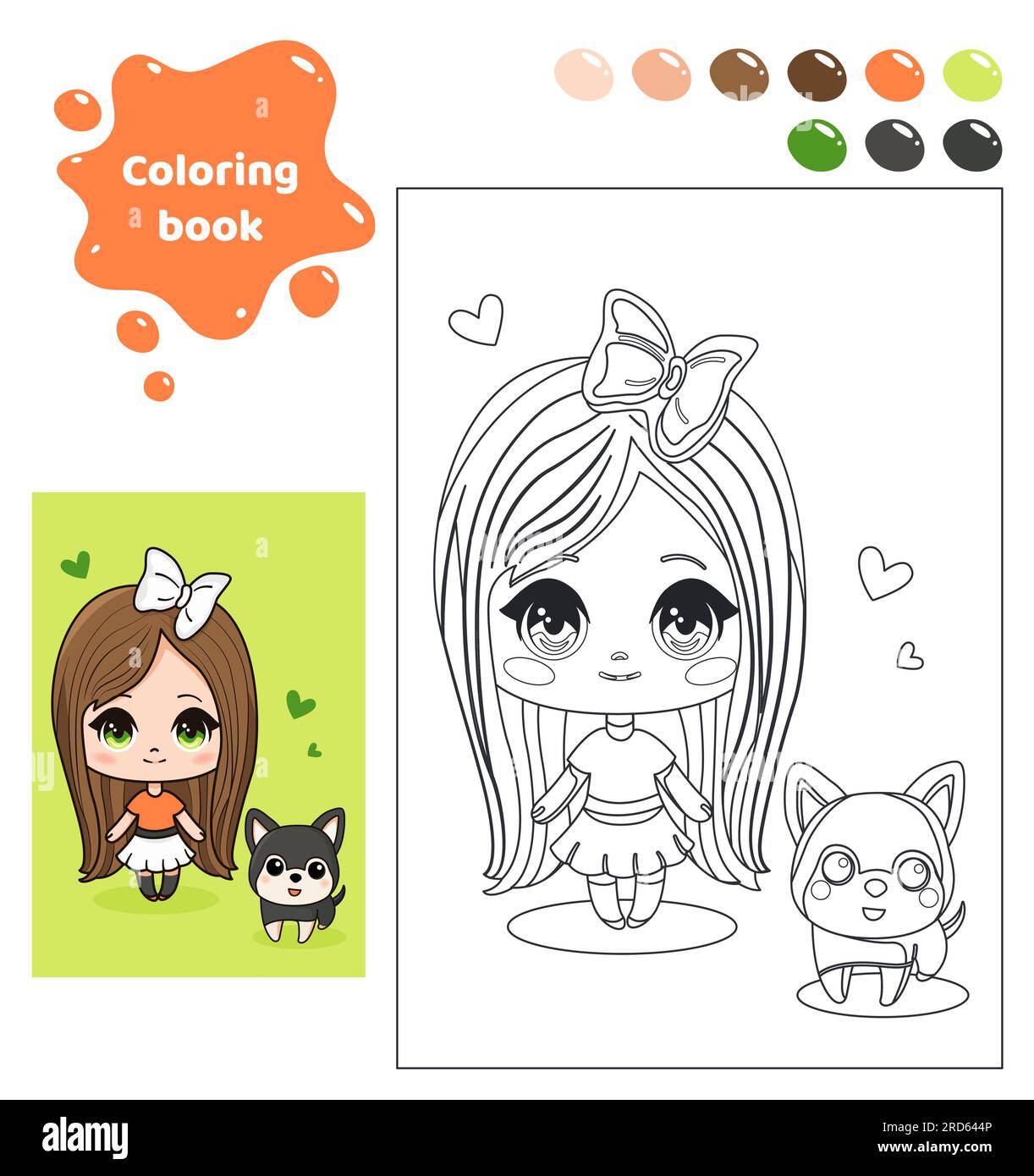 Coloring book for kids. Anime girl with puppy. Stock Vector