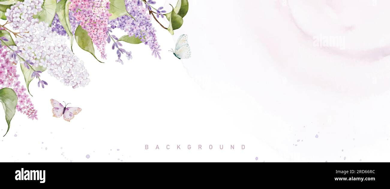 Abstract art with lilacs and butterflies on pastel watercolor stains for horizontal background. Vector backgrounds are great for headers, web covers, Stock Vector