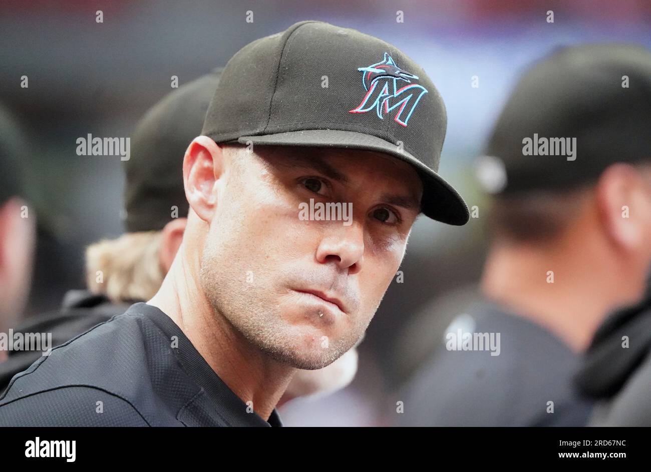St. Louis, United States. 18th July, 2023. Miami Marlins manager Skip Schumacher watches the action against the St. Louis Cardinals at Busch Stadium in St. Louis on Tuesday, July 18, 2023. Photo by Bill Greenblatt/UPI Credit: UPI/Alamy Live News Stock Photo