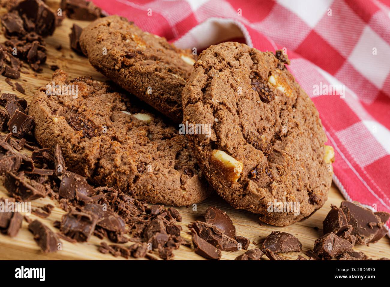 Close up of delicious tempting Chocolate Chip Cookies on a wooden background with copy space Stock Photo