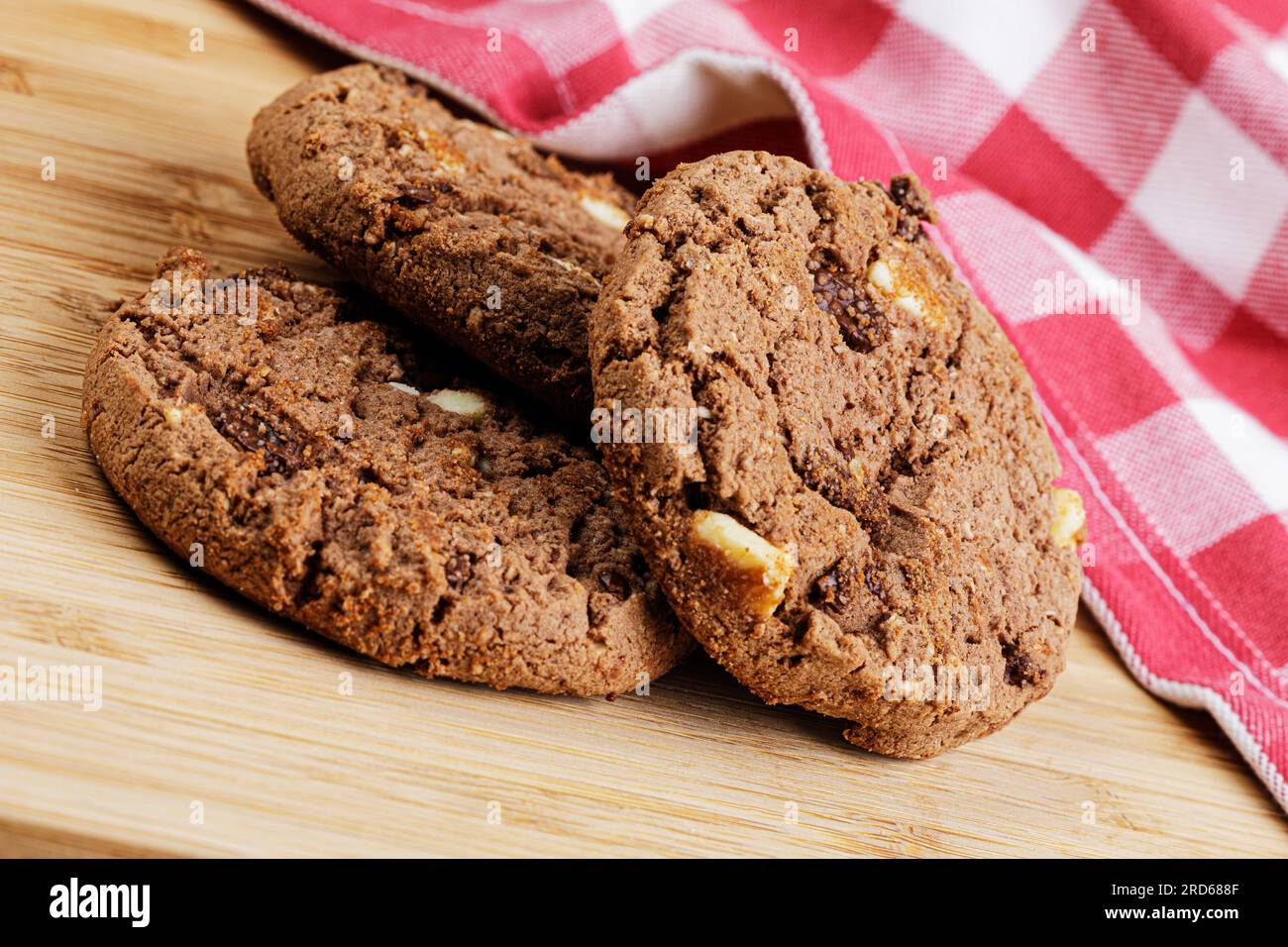 Close up of delicious tempting Chocolate Chip Cookies on a wooden background with copy space Stock Photo