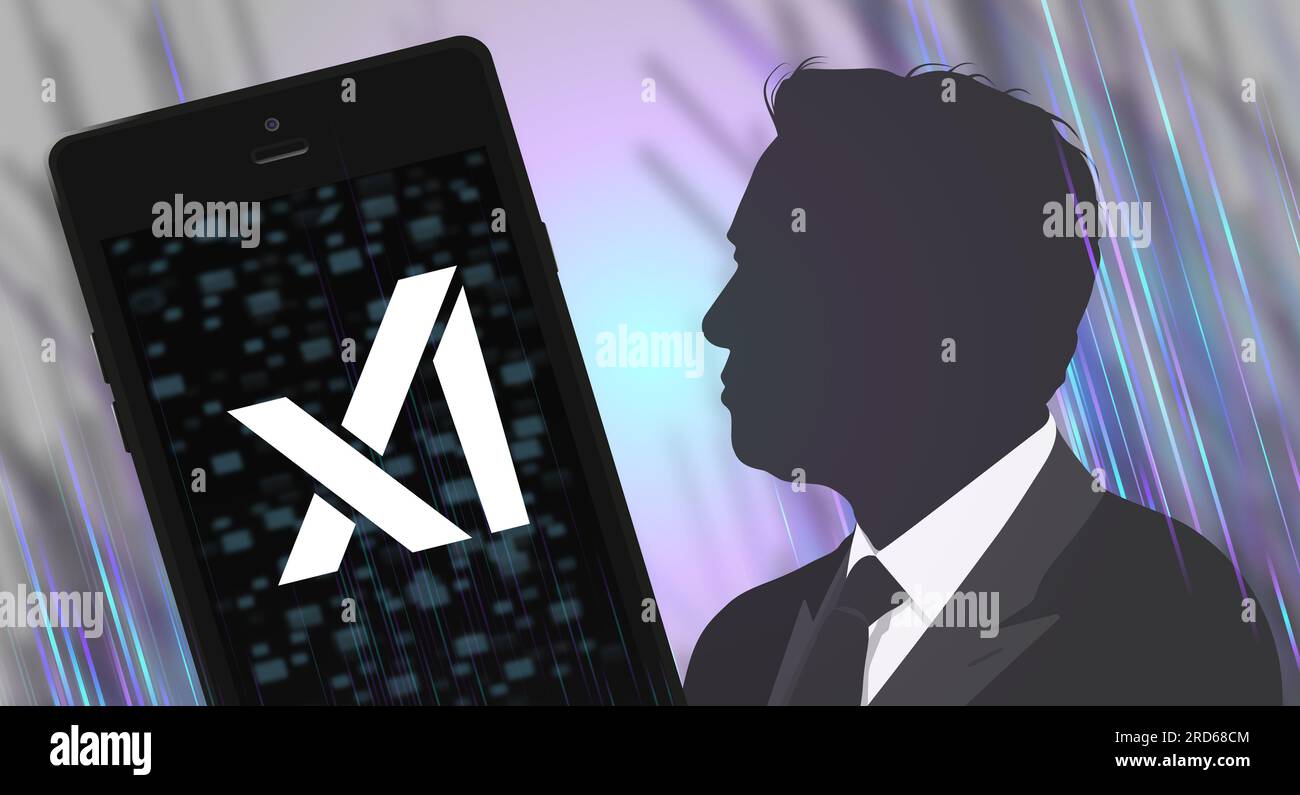 Elon Musk founded xAI. Elon Musk portrait and xAI inscription. July 12