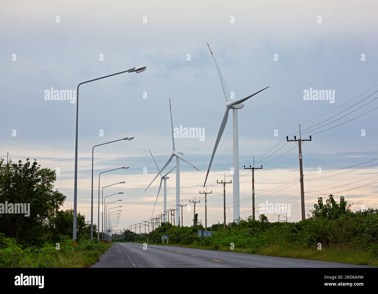 Asphalt road beside the road with electricity poles and wind turbines. Stock Photo