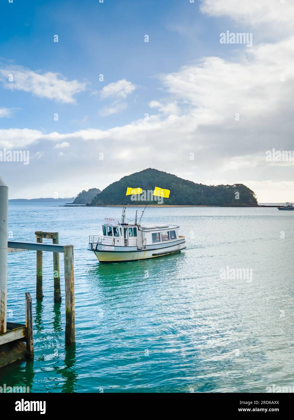 Paihia, New Zealand July 3, 2023 The Happy Ferry at the Paihia Wharf