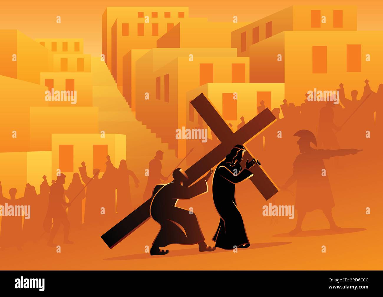 Biblical vector illustration series. Way of the Cross or Stations of the Cross, fifth station, Simon of Cyrene helps Jesus carry his cross. Stock Vector