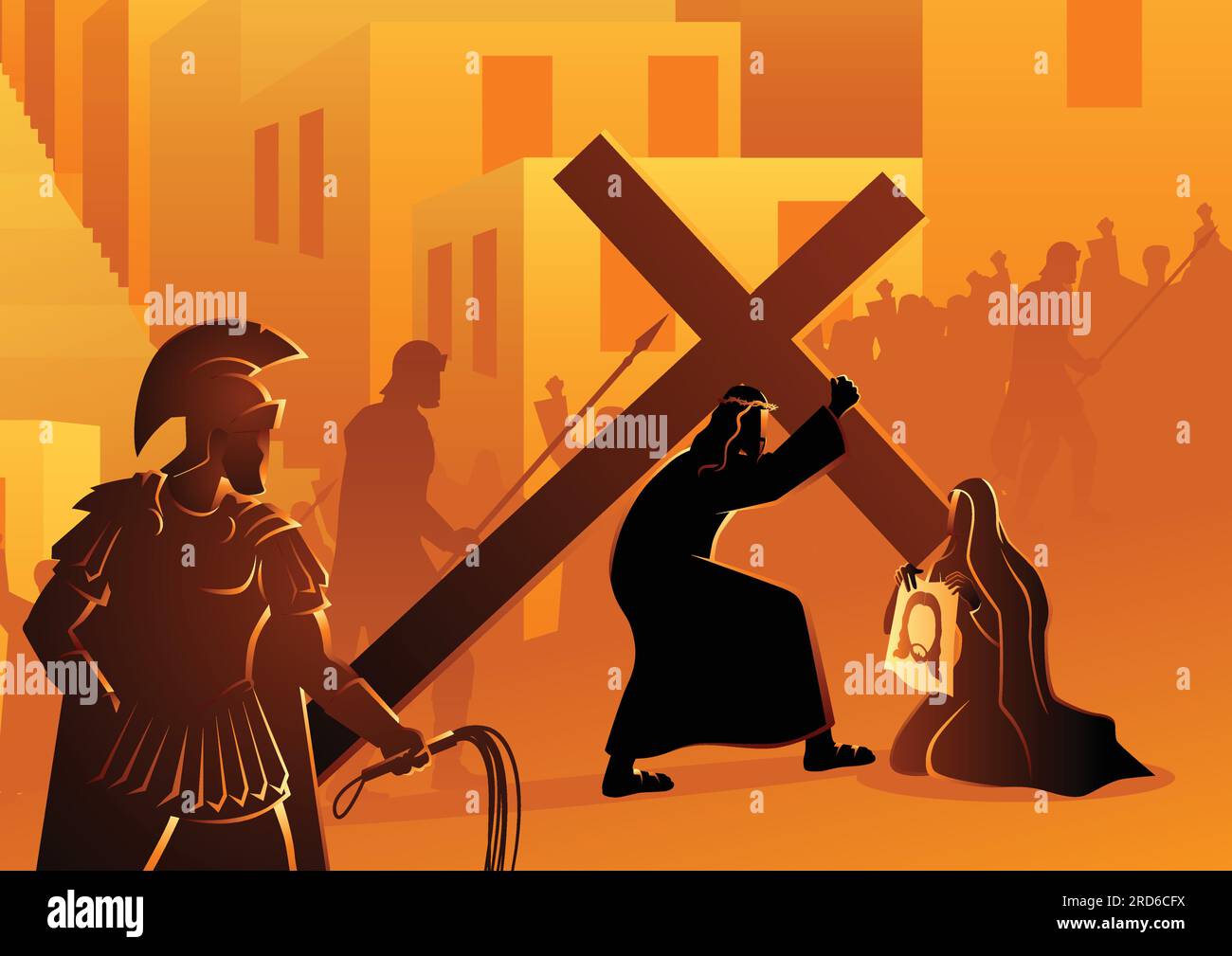 Biblical vector illustration series. Way of the Cross or Stations of the Cross, sixth station, Veronica wipes the face of Jesus. Stock Vector