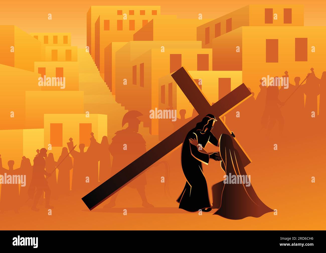 Biblical vector illustration series. Way of the Cross or Stations of the Cross, fourth station, Jesus Meets His Blessed Mother, Mary. Stock Vector