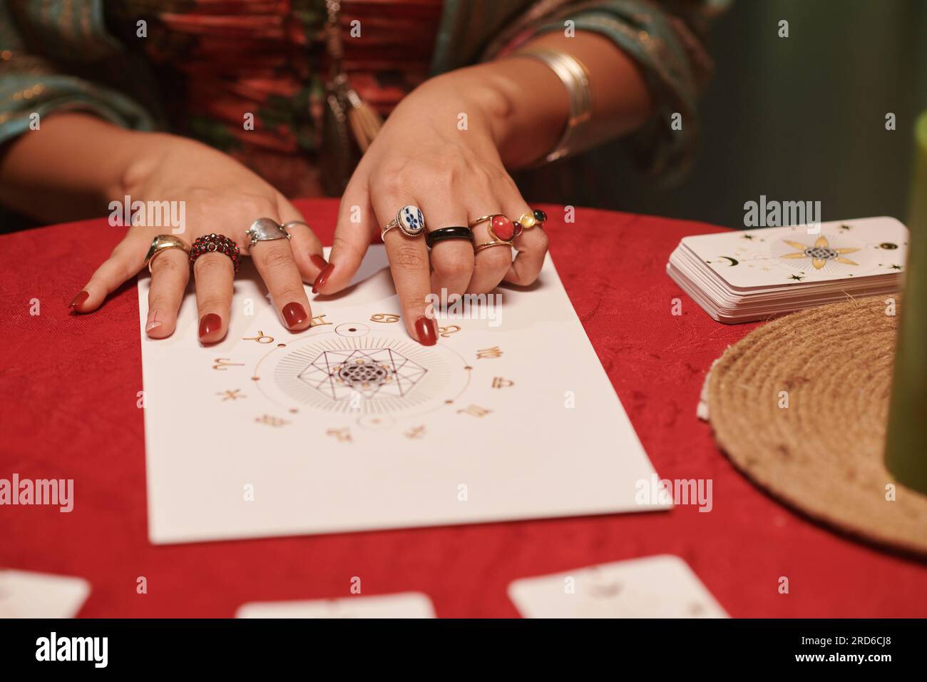Closeup image of astrologer examining natal chart of client to check