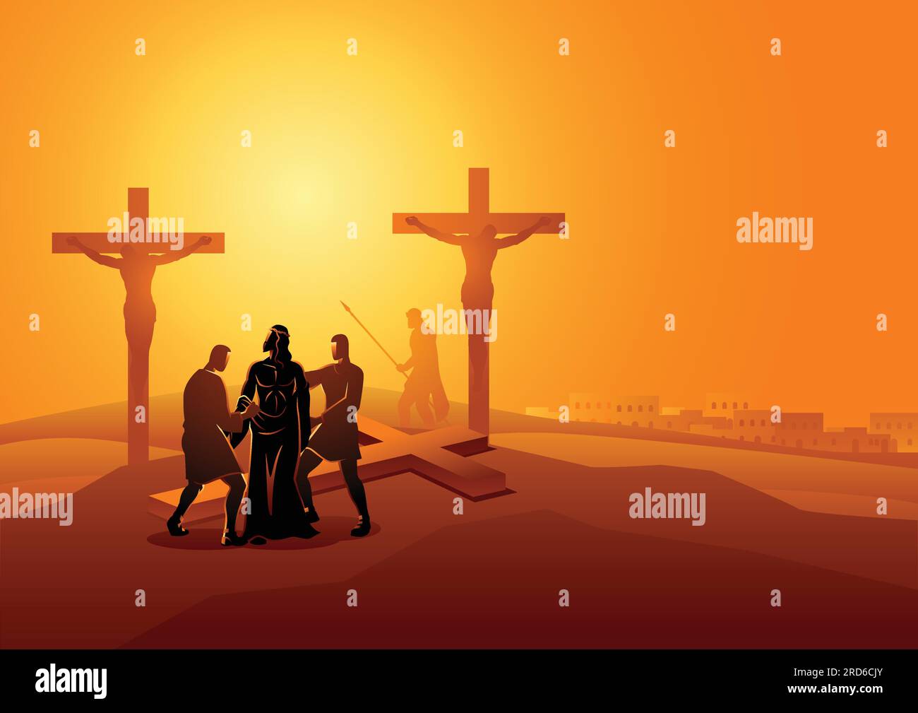 Biblical vector illustration series. Way of the Cross or Stations of the Cross, tenth station, Jesus is Stripped of His Garments. Stock Vector