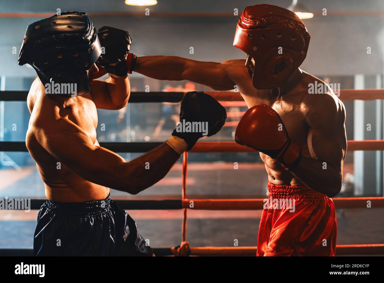 Two athletic and muscular body boxers with safety helmet or boxing head