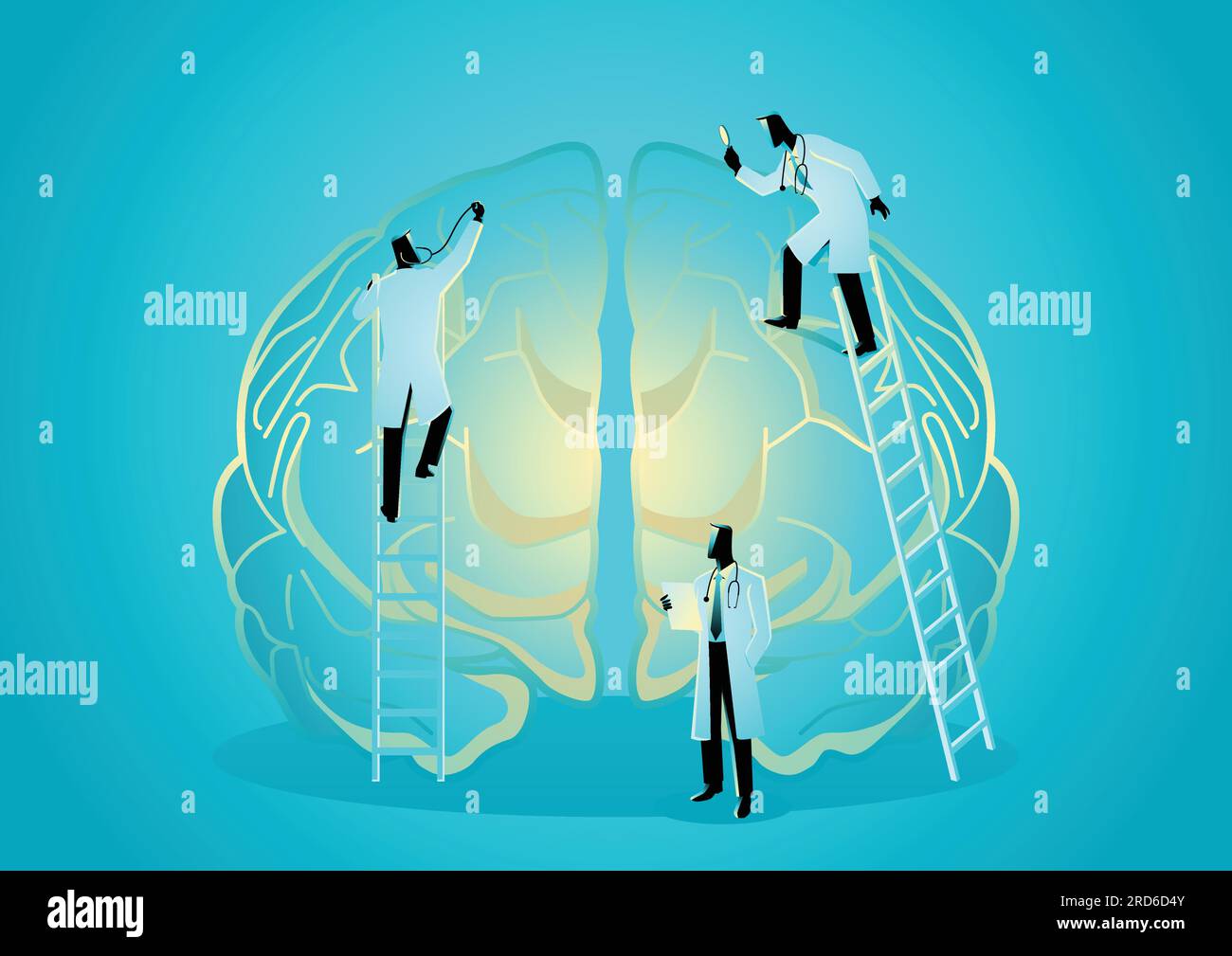 Vector graphic illustration of team of doctors diagnose human brain