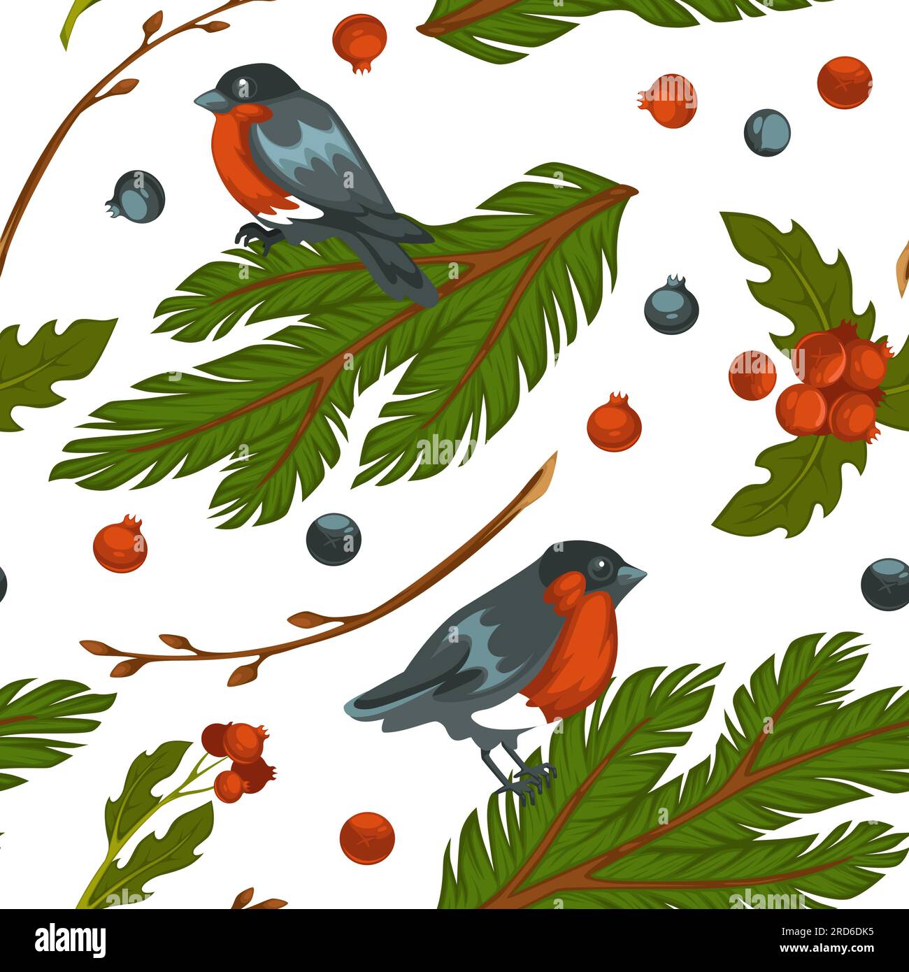 Bullfinch bird sitting on pine tree branch pattern Stock Vector