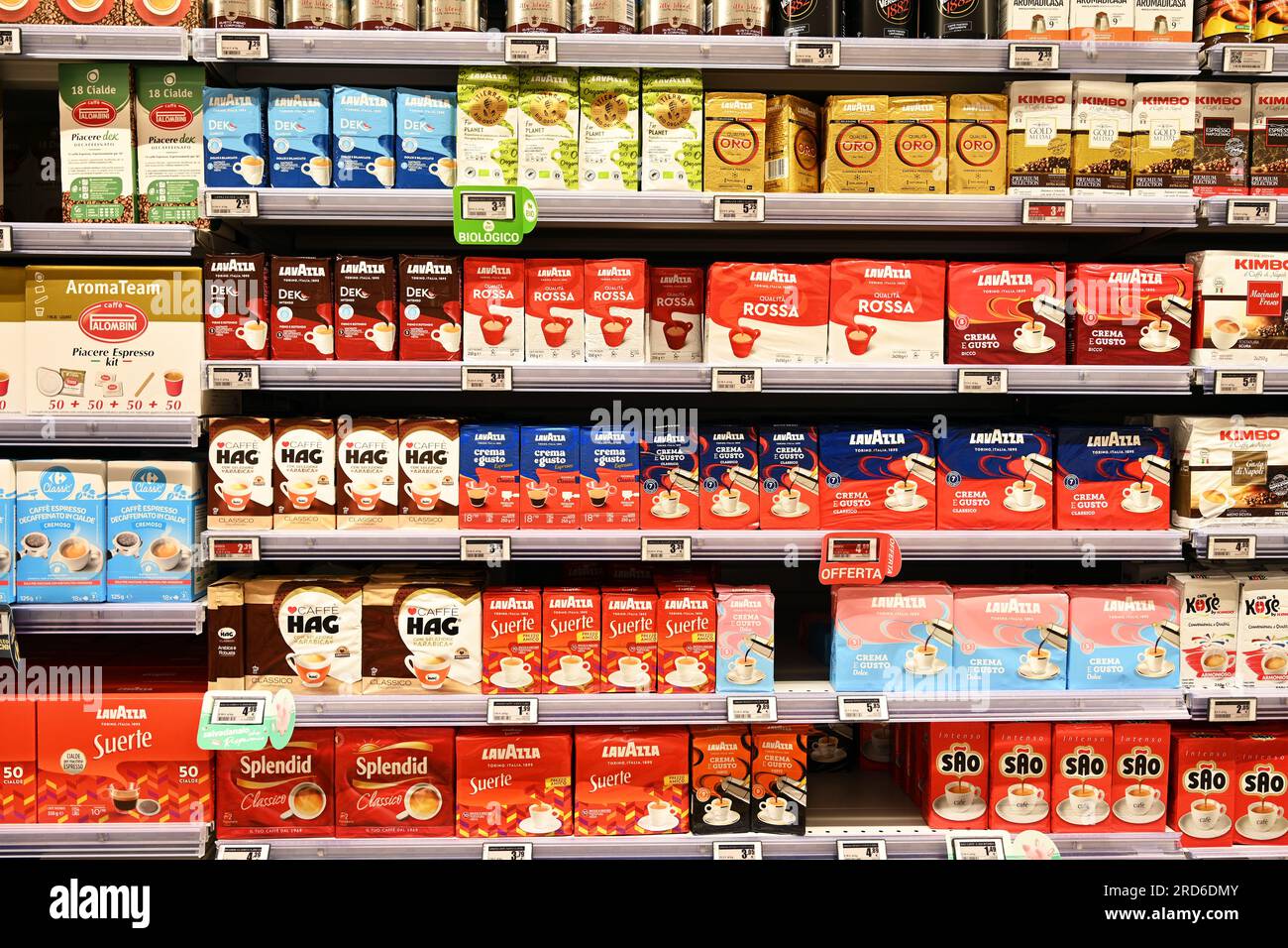 Coffee packings in a grocery Stock Photo