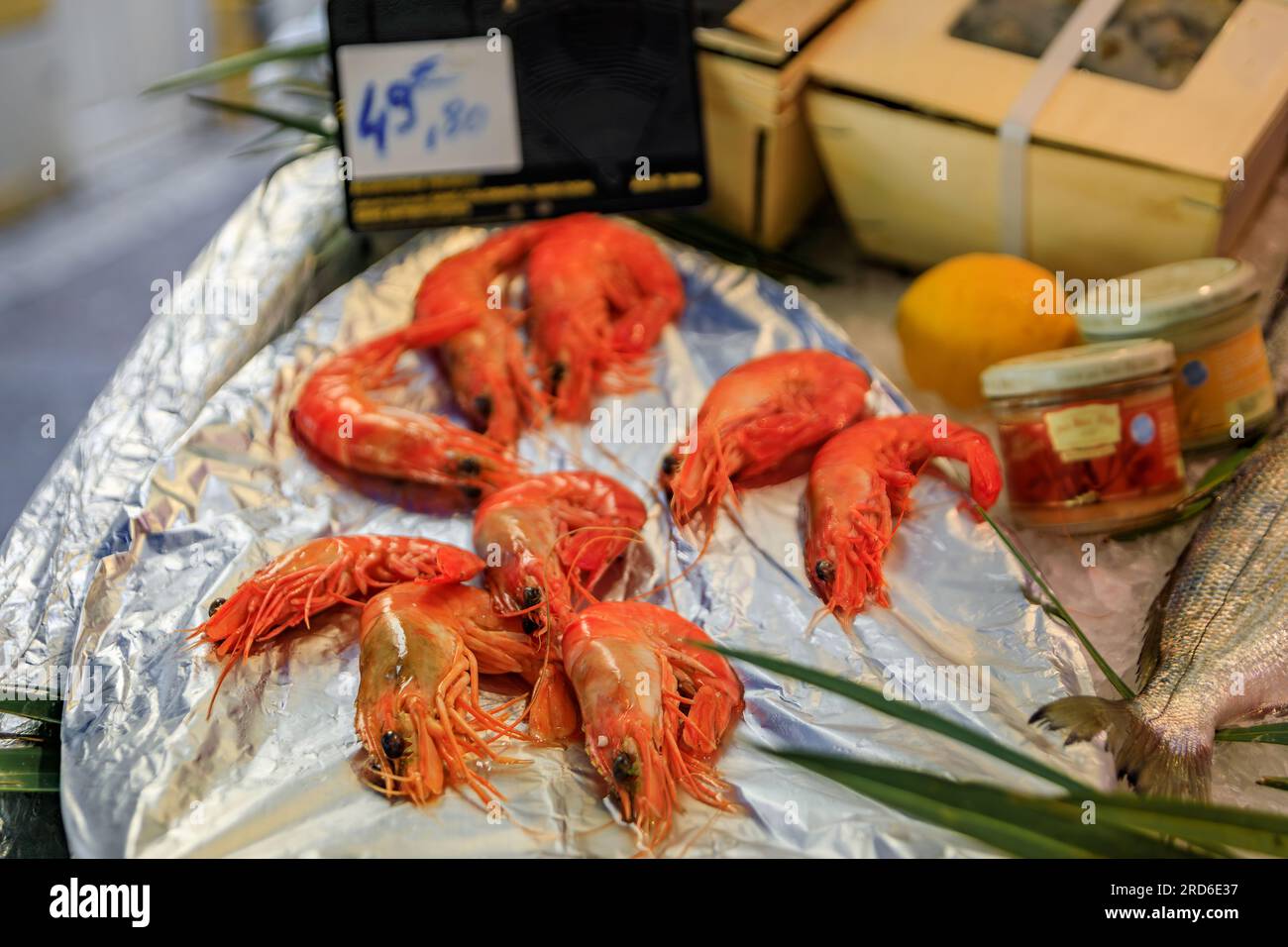 Fresh large red prawns or shrimp on display at the fish market in the old town or Vieil Antibes, South of France Stock Photo