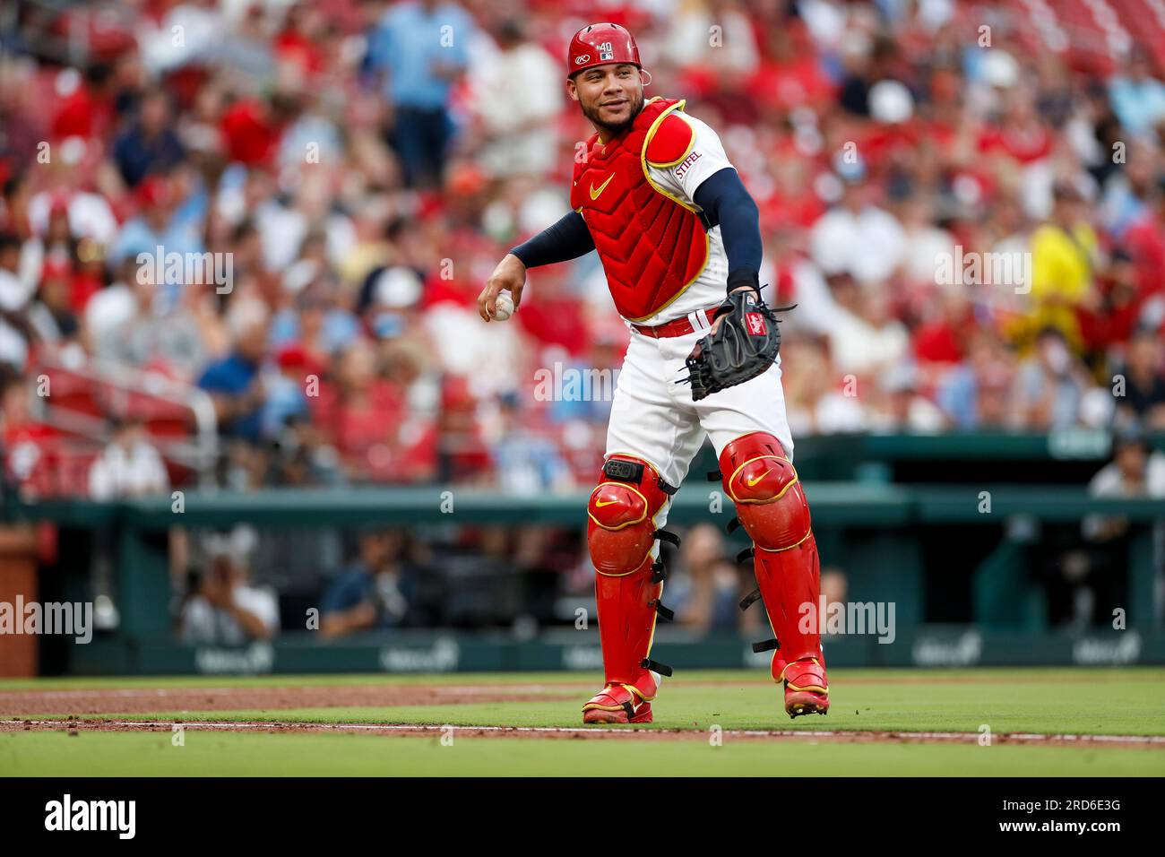 St. Louis Cardinals catcher Willson Contreras (40) smiles during a MLB regular season game between the Miami Marlins and St. Louis Cardinals, Tuesday, Stock Photo