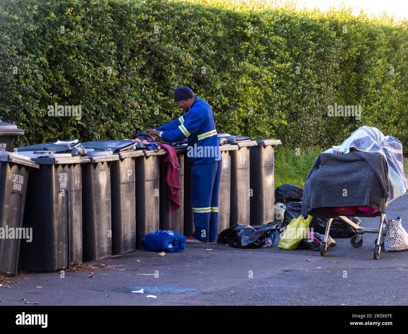 black African man rummages through garbage in wheelie bins to find items to recycle and leftover food to eat concept poverty, hardship and daily life Stock Photo