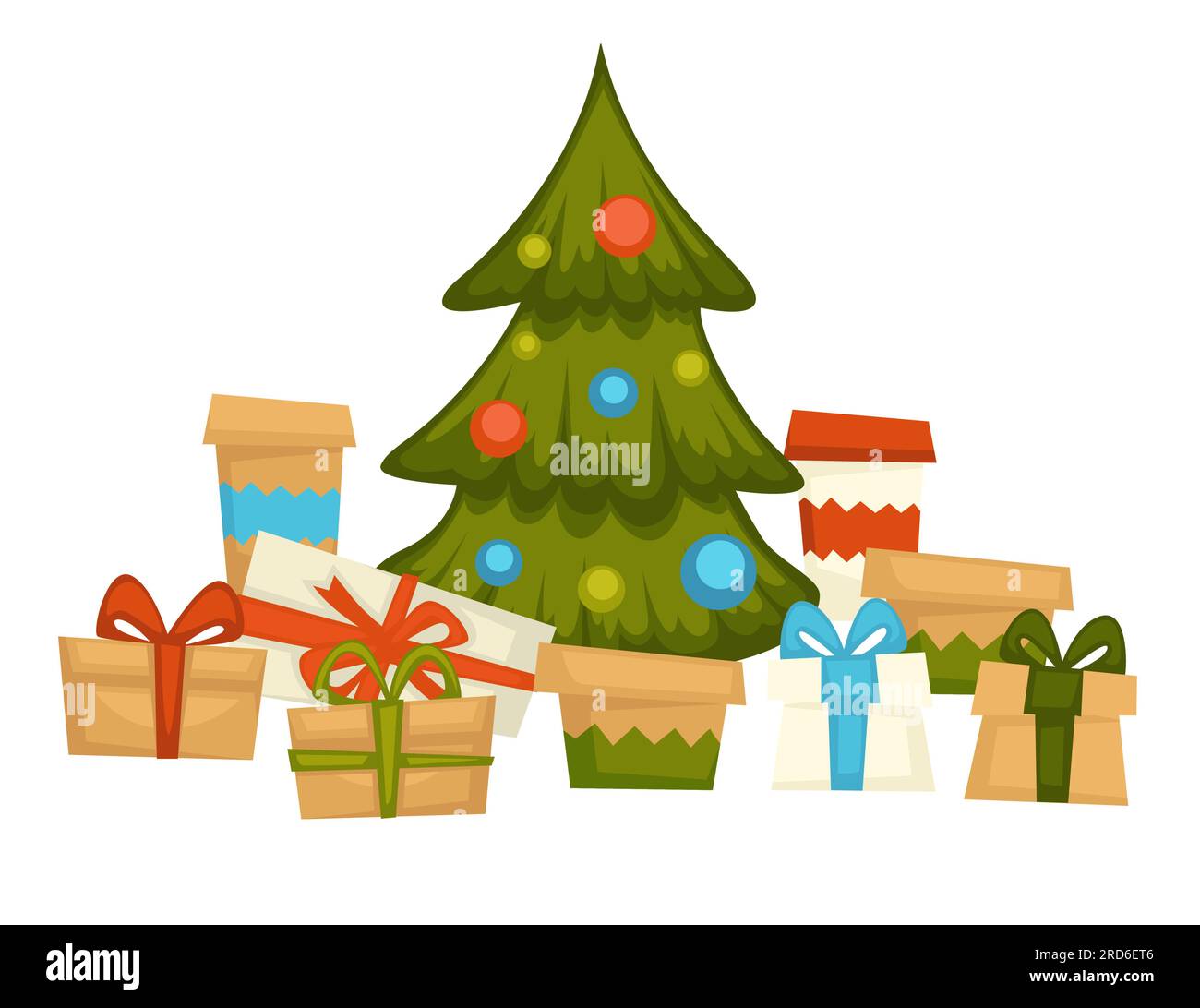 Pine tree decorated with garlands, presents below Stock Vector