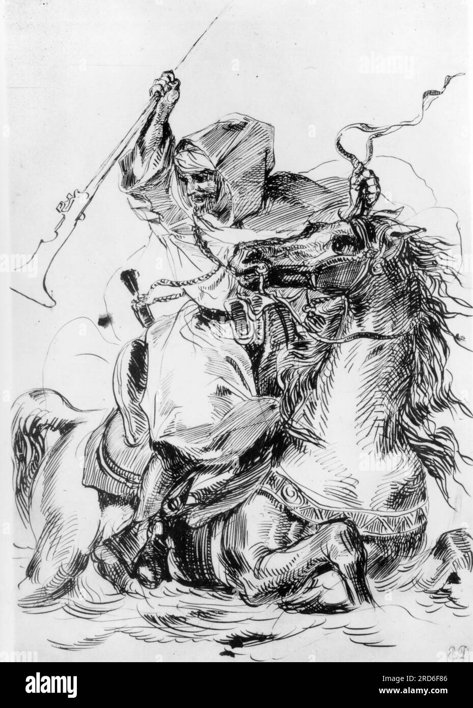 people, ethnicity, Berbers, an Arab horseman is crossing a river, drawing by Eugene Delacroix, ADDITIONAL-RIGHTS-CLEARANCE-INFO-NOT-AVAILABLE Stock Photo