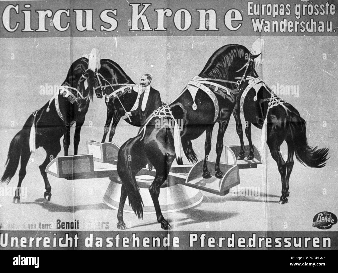 circus, Circus Krone, tamer Benoit Ahlers with his horses, advertising poster, circa 1910, ADDITIONAL-RIGHTS-CLEARANCE-INFO-NOT-AVAILABLE Stock Photo