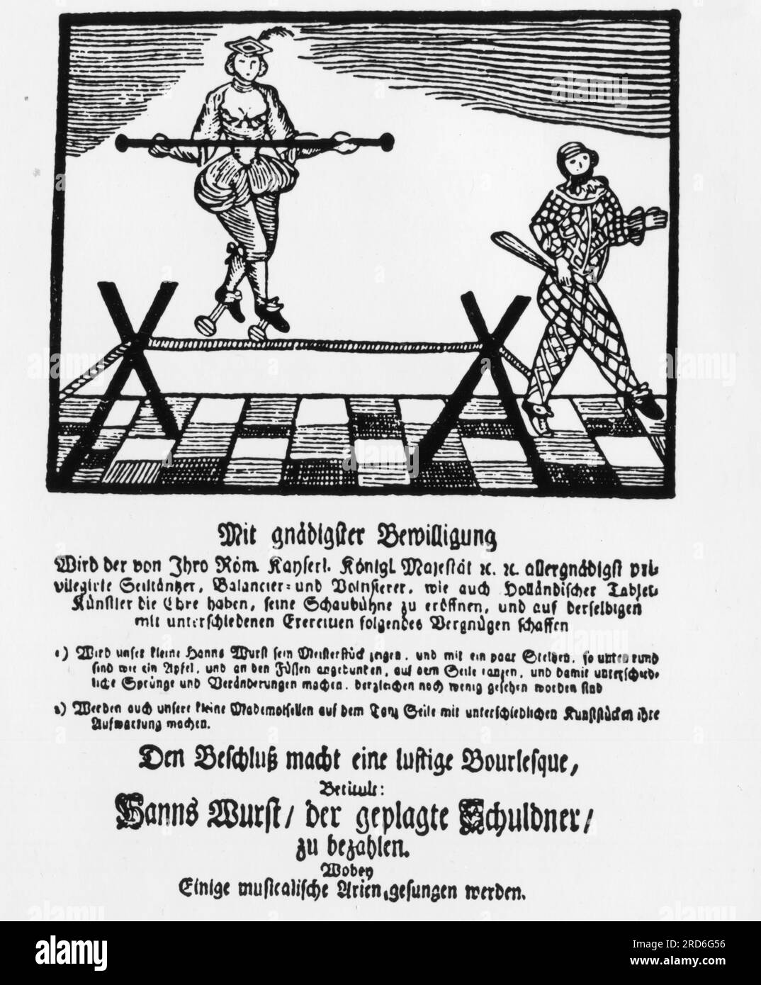 circus, artist, tightrope walker, announcement, woodcut, 17th century, ADDITIONAL-RIGHTS-CLEARANCE-INFO-NOT-AVAILABLE Stock Photo