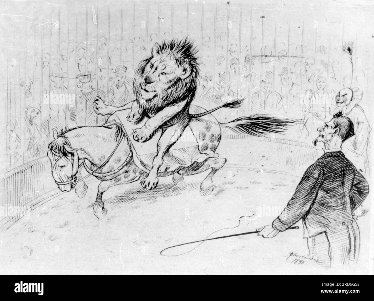 circus, dressage, lion riding on horse, drawing, by Adolf Oberlaender (1845 - 1923), 1891, ADDITIONAL-RIGHTS-CLEARANCE-INFO-NOT-AVAILABLE Stock Photo