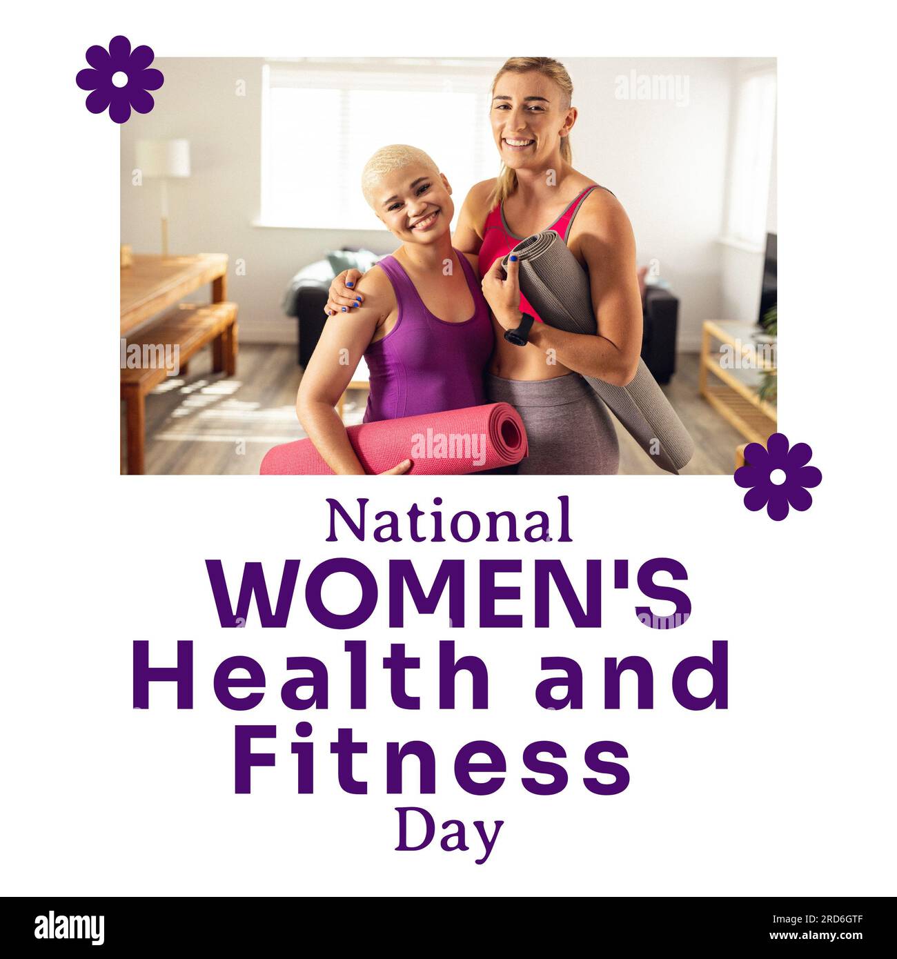 National women's health and fitness day text and happy diverse female friends with yoga mats at home Stock Photo